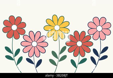 Allegra illustrazione del giardino di primavera: Fiori stravaganti, farfalle e cuori per disegni gioiosi Illustrazione Vettoriale