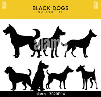 Set vettoriale sagoma cane nero: Vari profili di razza per la progettazione e l'illustrazione di animali domestici Illustrazione Vettoriale