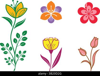 Allegro e colorato set di icone vettoriali a forma piatta: Vivaci e divertenti illustrazioni di margherite, tulipani, papaveri e molto altro ancora per allegri motivi floreali Illustrazione Vettoriale
