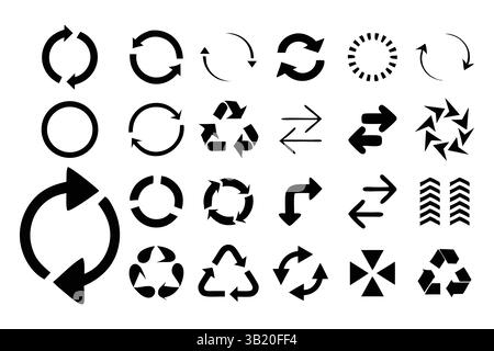 Icona riciclo nero impostata su sfondo bianco raccolta simboli ambientali illustrazioni grafiche vettoriali Illustrazione Vettoriale