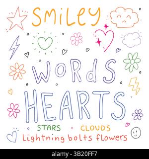 Parole disegnate a mano ed elementi Doodle Illustrazione Vettoriale