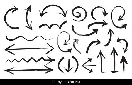 Set di frecce nere vettoriali disegnate a mano Doodle su sfondo bianco illustrazioni grafiche vettoriali Illustrazione Vettoriale