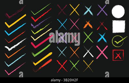 Set di coloratissimi X Marks, segni di spunta, cerchi, quadrati su sfondo scuro. illustrazione vettoriale. Illustrazione Vettoriale