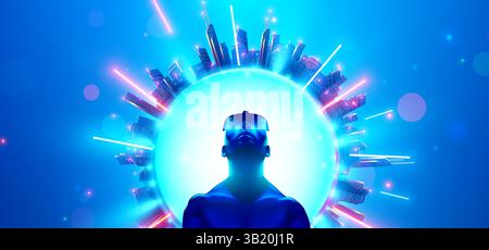 L'uomo della realtà virtuale che indossa occhiali VR guarda la simulazione virtuale di una metaversa o di una città nel cyberspazio che lo circonda. Un giocatore di realtà virtuale che indossa un Illustrazione Vettoriale