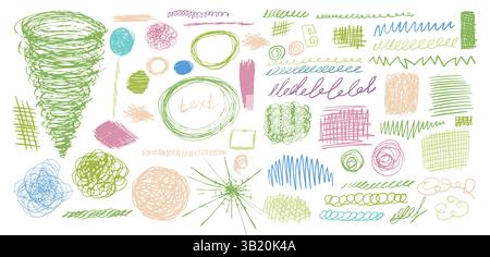 Set di forme colorate disegnate con pennello, asterischi e cerchi. Tratti di pennello per striscioni, stampe o collage. Stile grunge simboli ruvidi e forme vettoriali Illustrazione Vettoriale