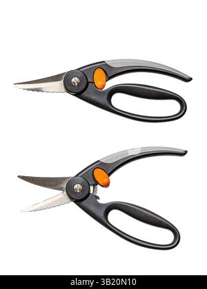 Forbici per frutti di mare su uno sfondo trasparente in due posizioni, chiuse e aperte, ideali per cataloghi di prodotti, elenchi di utensili da cucina o per la cucina Foto Stock