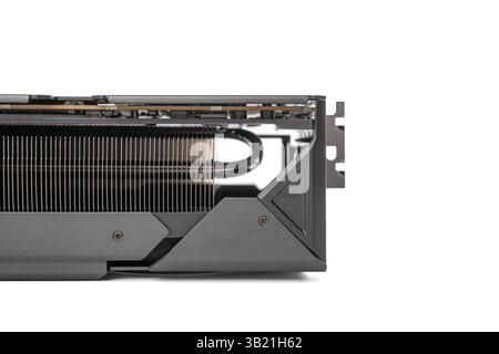 Vista ravvicinata di una scheda grafica ad alte prestazioni che mostra il suo complesso dissipatore di calore Foto Stock