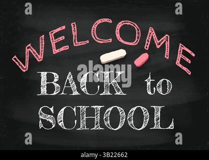 Biglietto d'auguri Vector vintage di ritorno a scuola 2023-2024. Torna a scuola sulla lavagna. Illustrazione Vettoriale