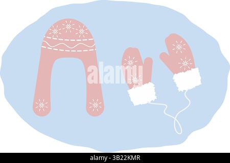 Cappello con patta auricolare e guanti in pelliccia decorati con fiocchi di neve set di abiti invernali rosa alla moda. Illustrazione di vettore isolato temi Folk delle festività invernali carte o opuscolo promozionale, banner, cartellino prezzi Illustrazione Vettoriale