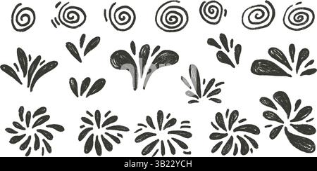 Fuochi d'artificio, set di carbone nero. Pennello per festività colorato isolato su sfondo bianco. Collezione di comete con silhouette a doodle. Spruzzo e cerchio f Illustrazione Vettoriale