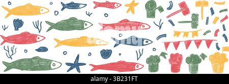 Pesci pastello per scarabocchi. Festival Santos Populares. Sardine, martello, coriandoli disegnati a mano. Pesce con ghirlande, manjerico, elementi da festa. V Illustrazione Vettoriale