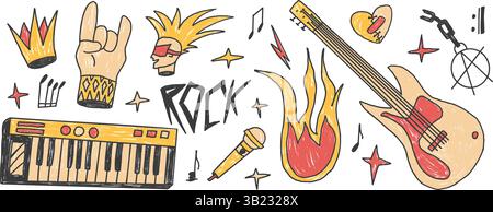 Set disegnato per pastelli di musica punk rock. Rock n roll festival elementi doodle. Musica grunge forme da concerto. Chitarra, corni elettronici per pianoforte, corona e sketch Illustrazione Vettoriale