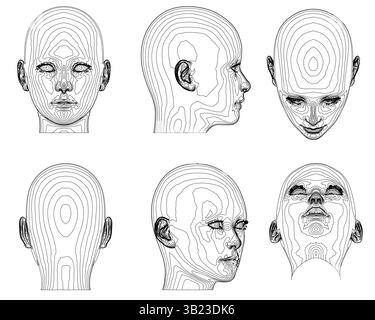 L'immagine è una serie di sei disegni di teste umane. I disegni sono tutti in bianco e nero e hanno tutti la stessa forma di base e le stesse funzioni, come ad esempio Illustrazione Vettoriale