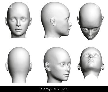 Una serie di sei teste bianche, ciascuna con una vista diversa. Le teste sono tutte di profilo, con gli occhi e il naso chiaramente visibili. La scena è un po' cupa Illustrazione Vettoriale