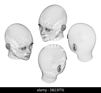 Quattro teste identiche sono mostrate in primo piano. Le facce sono tutte molto simili, ma ognuna ha una diversa espressione. La scena è una di curiosità e dentro Illustrazione Vettoriale