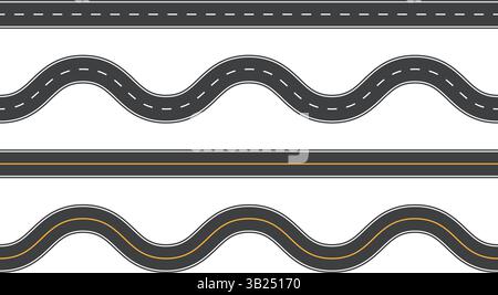 serie di segnaletica orizzontale senza interruzioni. dime stradali dritte e curve Illustrazione Vettoriale