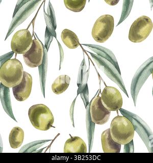 Olive motivo floreale senza cuciture con rami di acquerello con illustrazione di frutta verde. Sfondo botanico disegnato a mano con cibo greco vegano e sala Foto Stock