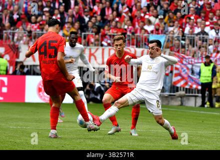 26 aprile 2025, Allianz Arena, Monaco di Baviera, GER, 1.FBL, FC Bayern Monaco vs 1.FC FSV Mainz 05, nella foto Aleksandar Pavlovic (Monaco di Baviera), Paul Nebel (Magonza) le normative DFL vietano qualsiasi uso di fotografie come sequenze di immagini e/o quasi-video. Foto Stock