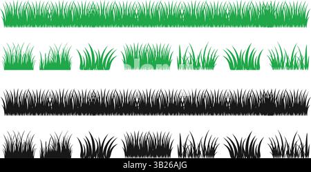 Set vettoriale di sagome di erba verde isolate su sfondo bianco illustrazione ecologica della natura per il design organico Illustrazione Vettoriale