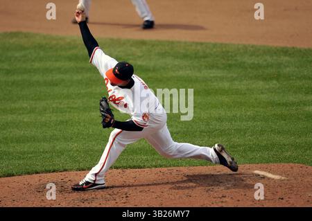 6 settembre 2009: Jeremy Guthrie n. 46, lanciatore titolare dei Baltimore Orioles in azione durante una partita contro i Texas Rangers in visita all'Oriole Park a Camden Yards a Baltimora, Maryland. Gli Orioles battono i Rangers 7 - 0 (Credit Image: © Joy Absalon/Cal Sport Media/ZUMA Press/ZUMA Press) Foto Stock