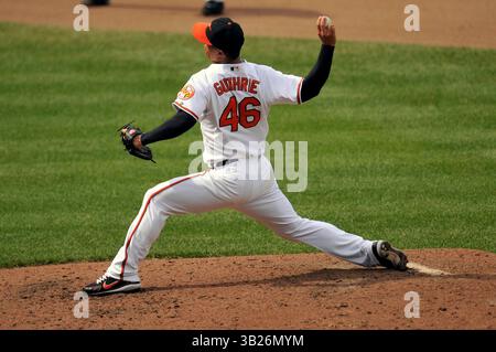 6 settembre 2009: Jeremy Guthrie n. 46, lanciatore titolare dei Baltimore Orioles in azione durante una partita contro i Texas Rangers in visita all'Oriole Park a Camden Yards a Baltimora, Maryland. Gli Orioles battono i Rangers 7 - 0 (Credit Image: © Joy Absalon/Cal Sport Media/ZUMA Press/ZUMA Press) Foto Stock