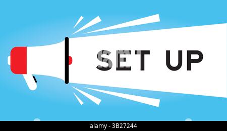 Icona megafono a colori con impostazione della parola su sfondo bianco su sfondo blu Illustrazione Vettoriale