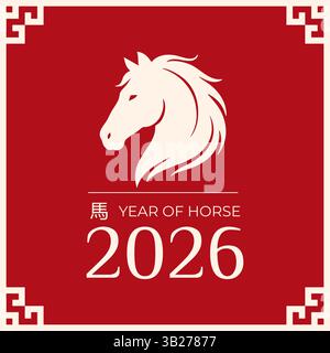 Design minimalista rosso e beige con silhouette a testa di cavallo che celebra il capodanno cinese 2026 e l'anno zodiacale del cavallo. Illustrazione Vettoriale
