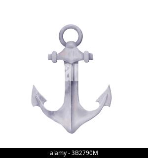 L'ancora di metallo della nave. Illustrazione acquerello. Un'antica ancora di mare, isolata su sfondo bianco. Un elemento di design per loghi, poster, cartoline, b Foto Stock