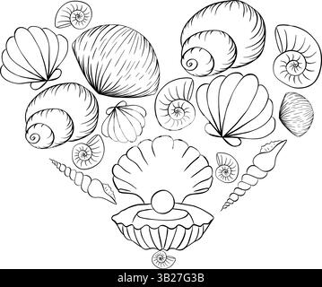 Il cuore è composto da conchiglie, stelle marine e logo. Illustrazione dell'inchiostro con linee grafiche vettoriali. Striscioni, poster, carta da imballaggio, adesivo, stampa, moderno Illustrazione Vettoriale