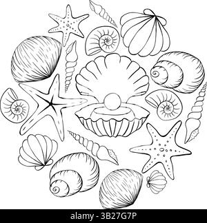 Conchiglie di mare capesante e stelle circolano intorno composizione per il logo. modello poster in stile doodle. Striscioni, poster, carta da imballaggio, adesivo Illustrazione Vettoriale