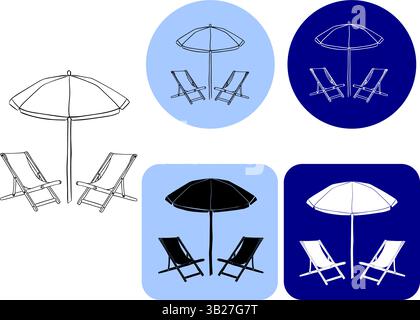 Sedie da spiaggia e logo ombrello. Segnale di composizione dell'inchiostro della linea grafica vettoriale per la spiaggia. chaise longue e ombrellone. logo della sedia da spiaggia. per il pacchetto, vaca Illustrazione Vettoriale