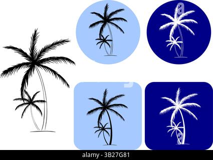 Due logo di palma. illustrazione dell'inchiostro della linea grafica vettoriale dell'icona. Per poster delle vacanze, invito alla festa in spiaggia, sfondo, annuncio, promozione di vendita, stampa per t- Illustrazione Vettoriale