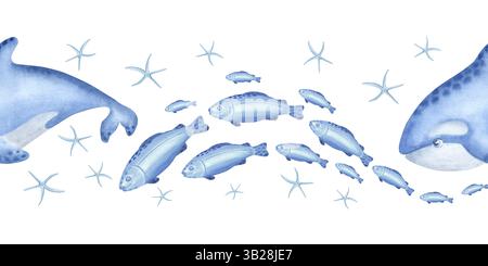 Balene e pesci si radunano con stelle marine bordo senza cuciture per i bambini. Illustrazione isolata disegnata a mano di un animale marino carino Foto Stock