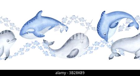 Delfini, narwhali e balene assassine con pesci acquerello blu bordo senza cuciture per bambini. Illustrazione isolata disegnata a mano di animali marini Foto Stock