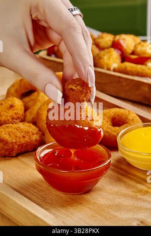 Donna che immerge un pepetto di pollo impanato in salsa rossa, gustando una selezione di spuntini fritti Foto Stock