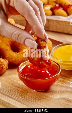 Donna che immerge un pepetto di pollo impanato nel ketchup, con anelli di cipolla, bastoncini di mozzarella e senape sullo sfondo Foto Stock