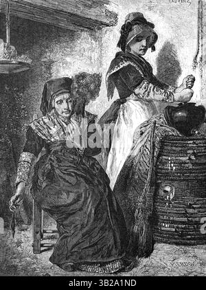 Donna anziana e giovane, madre e figlia, indossa abiti tradizionali, abiti etnici, abbigliamento etnico o costume regionale Auvergnat Auvergne Francia. Incisione vintage o storica o illustrazione 1866 Foto Stock