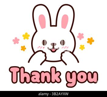 Carino coniglietto bianco cartone animato che dice grazie. Disegno adesivo coniglio Kawaii, illustrazione vettoriale. Illustrazione Vettoriale