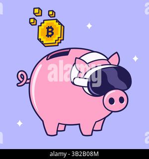 Carino carino disegno di salvadanaio virtuale. Divertente salvadanaio con occhiali VR e bitcoin. Portafoglio digitale, illustrazione del vettore di transazione elettronica. Illustrazione Vettoriale