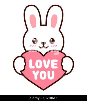 Divertente cartone animato bianco coniglietto con cuore rosa che dice "Love you". Carino disegno di coniglio Valentine, illustrazione vettoriale. Illustrazione Vettoriale