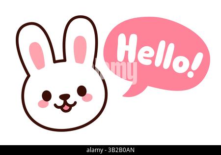Simpatico coniglietto bianco cartoni animati con bolla vocale che dice "Ciao"! Disegno adesivo coniglio Kawaii, illustrazione vettoriale. Illustrazione Vettoriale