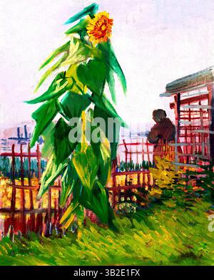 Dipinto nel 1887 a Parigi. Il vivace studio del giardino di Van Gogh presenta un girasole solitario in mezzo a terreni urbani. 300 restauro del museo DPI. Dominio pubblico - perfec Foto Stock