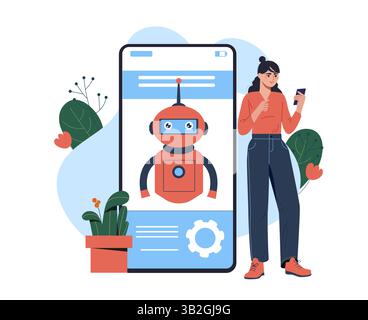 Donna che chatta con il chatbot ai al telefono. Illustrazione vettoriale Illustrazione Vettoriale