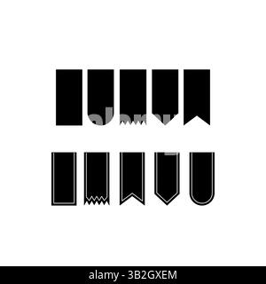 Icone banner a nastro nero stilizzate presentate in varie forme su sfondo bianco. I design sono ideali per gli elementi grafici, aggiungendo un tocco di eleganza Illustrazione Vettoriale