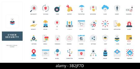 Sicurezza informatica della connessione di rete e dei dati, server e portafoglio, set di icone a colori del sistema di privacy digitale. Avviso di crimine da parte di hacker, protezione cloud e codice, immagine vettoriale piatta di phishing tramite e-mail Illustrazione Vettoriale