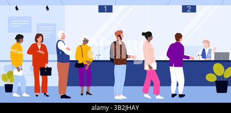 Le persone sono in fila all'interno dell'ufficio della banca, lunghe code di clienti in attesa alla reception. I clienti attendono la consulenza di un consulente e di un addetto alla reception, che controllano l'illustrazione vettoriale dei cartoni animati Illustrazione Vettoriale
