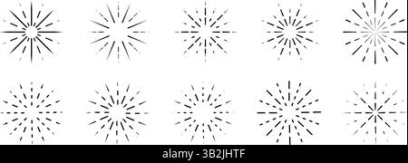 Effetti di flash, esplosione o radiazione. Simboli di scintille, scintille, alone o luce parassita. I fuochi d'artificio o le icone del sole. Eleganti elementi decorativi isolati su sfondo bianco. Illustrazione grafica vettoriale. Illustrazione Vettoriale