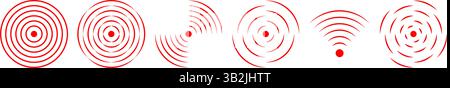 Localizzazione del dolore o icone di destinazione. Simboli di dolore, dolore, dolore o infiammazione. Segni di pulsazione o radiazioni. Pittogrammi di segnale Wi-fi, radio o audio isolati su sfondo bianco. Illustrazione piatta vettoriale. Illustrazione Vettoriale