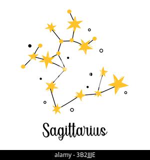 Costellazione di Zodiaco Sagittario. Segno astrologico isolato dal vettore, simbolo, elemento. Schema di costellazione con stelle e scarabocchi carini. Design semplice Illustrazione Vettoriale