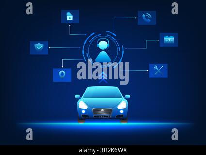 La tecnologia di assistenza, l'auto collegata all'icona del servizio, trasmette comunicazioni veloci e moderne, assistenza clienti in tempo reale, incidenti, assicurazione e Illustrazione Vettoriale